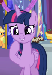 Size: 488x704 | Tagged: safe, screencap, applejack, twilight sparkle, alicorn, earth pony, pony, g4, hearthbreakers, cropped, cute, female, giggling, mare, open mouth, raised hoof, smiling, solo focus, twiabetes, twilight sparkle (alicorn)