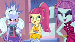 Size: 1920x1080 | Tagged: safe, screencap, rarity, sour sweet, sugarcoat, sunny flare, equestria girls, equestria girls specials, g4, my little pony equestria girls: dance magic, animated, armpits, clothes, crystal prep academy, crystal prep shadowbolts, discovery family logo, evil laugh, female, freckles, glasses, laughing, pigtails, ponytail, shawl, sleeveless, sound, twintails, webm