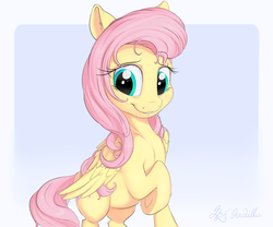 Size: 3000x2500 | Tagged: safe, artist:nobody47, fluttershy, pegasus, pony, g4, cute, female, folded wings, high res, hoof on chest, looking at you, mare, shyabetes, smiling, solo, stray strand, three quarter view, wings