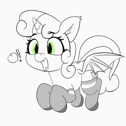 Size: 1280x1281 | Tagged: safe, artist:pabbley, sweetie belle, alicorn, bat pony, bat pony alicorn, pony, g4, alicornified, apple, bat ponified, clothes, exclamation point, fangs, female, food, monochrome, open mouth, partial color, race swap, simple background, smiling, socks, solo, sweetie bat, white background
