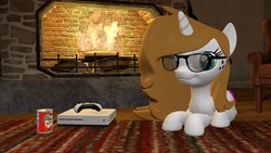 Size: 1920x1080 | Tagged: safe, artist:sevenxninja, derpibooru exclusive, oc, oc only, oc:love biscuit, pony, unicorn, 3d, canned food, chair, fireplace, glasses, gmod, new look, ravioli, rug, xbox one