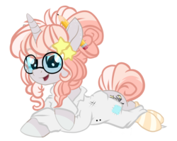 Size: 1825x1454 | Tagged: safe, artist:absolitedisaster08, oc, oc only, oc:angela, pony, unicorn, clothes, female, glasses, mare, open mouth, pencil, prone, shirt, simple background, smiling, socks, solo, striped socks, transparent background