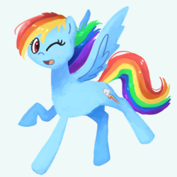 Size: 500x500 | Tagged: safe, artist:nightmare fuel, rainbow dash, pegasus, pony, g4, female, looking at you, mare, one eye closed, running, simple background, smiling, solo, wings, wink