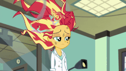 Size: 800x450 | Tagged: safe, screencap, sunset shimmer, equestria girls, g4, my little pony equestria girls: friendship games, the science of magic, animated, animated screencap, clipboard, clothes, coughing, faint, female, lab coat, messy hair, rainbow, smoke, solo, sunset the science gal
