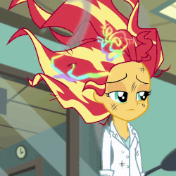 Size: 800x800 | Tagged: safe, screencap, sunset shimmer, equestria girls, g4, my little pony equestria girls: friendship games, the science of magic, animated, clothes, cropped, female, gif, lab coat, messy hair, rainbow, smoke, solo, sunset the science gal
