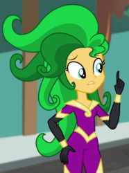 Size: 507x682 | Tagged: safe, screencap, mane-iac, sunset shimmer, equestria girls, equestria girls specials, g4, movie magic, clothes, costume, cropped, female, raised finger, solo, wig