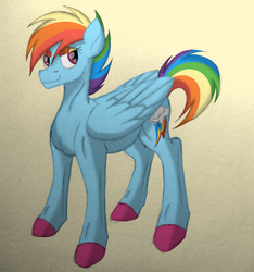 Size: 2335x2500 | Tagged: safe, artist:thr3eguess3s, rainbow dash, pegasus, pony, g4, backwards cutie mark, colored hooves, female, gradient background, high res, looking at you, simple background, solo