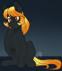 Size: 978x1106 | Tagged: safe, artist:breloomsgarden, oc, oc only, oc:golden glory, earth pony, pony, big ears, curious, female, fluffy, simple background, sitting, solo