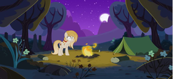 Size: 1337x617 | Tagged: safe, artist:applerougi, oc, oc only, oc:cremita, earth pony, pony, campfire, female, fire, mare, moon, night, pinpoint eyes, raised hoof, solo, tent