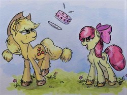 Size: 618x463 | Tagged: safe, artist:lightisanasshole, apple bloom, applejack, pony, g4, apple siblings, birthday, birthday cake, cake, candle, cute, duo, eye clipping through hair, fluffy, food, kicking, traditional art