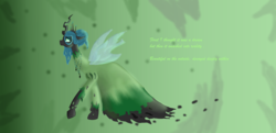 Size: 9472x4576 | Tagged: safe, artist:mr100dragon100, queen chrysalis, changeling, changeling queen, g4, clothes, crown, dress, female, jewelry, regalia, song reference, transparent wings, wings