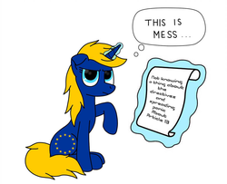 Size: 991x806 | Tagged: safe, artist:zocidem, edit, editor:elmutanto, oc, oc only, oc:europa, pony, unicorn, article 13, blonde hair, blue, european union, female, mare, meme, nation ponies, op is right, ponified, simple background, solo, truth, vector, white background
