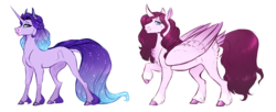 Size: 1024x417 | Tagged: safe, artist:vindhov, oc, oc only, alicorn, pony, unicorn, alicorn oc, colored fetlocks, commission, crack ship offspring, curved horn, duo, ethereal mane, female, horn, magical lesbian spawn, mare, offspring, parent:cloudy quartz, parent:diamond tiara, parent:princess cadance, parent:princess luna, parents:cloudydance, parents:lunatiara, raised hoof, realistic horse legs, simple background, starry mane, tail feathers, transparent background