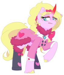 Size: 1644x1944 | Tagged: safe, artist:umbreow, oc, oc only, oc:pristine silk, pony, unicorn, clothes, curved horn, female, horn, mare, raised hoof, simple background, solo, transparent background, unshorn fetlocks