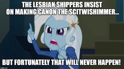 Size: 896x500 | Tagged: safe, edit, edited screencap, screencap, trixie, equestria girls, g4, my little pony equestria girls: rainbow rocks, image macro, implied lesbian, implied scitwishimmer, implied shipping, meme, text, trixie yells at everything