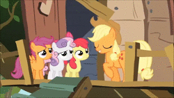 Size: 1280x720 | Tagged: safe, screencap, apple bloom, applejack, scootaloo, sweetie belle, earth pony, pegasus, pony, unicorn, g4, the show stoppers, animated, clubhouse, crusaders clubhouse, cutie mark crusaders, female, filly, mare, sound, webm