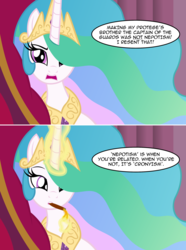 Size: 2152x2888 | Tagged: safe, artist:badumsquish, derpibooru exclusive, princess celestia, alicorn, pony, g4, 2 panel comic, abuse of power, angry, cigar, comic, cronyism, definition, dialogue, fact, female, fire, frown, high res, implied shining armor, j. jonah jameson, jewelry, magic, male, nepotism, open mouth, reclining, regalia, show accurate, smoking, solo, spider-man, talking to viewer, telekinesis, that's how mafia works, throne, truth