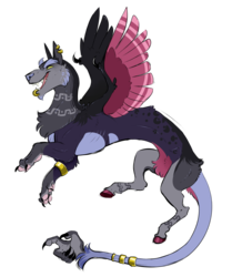 Size: 3373x4044 | Tagged: safe, artist:vindhov, oc, oc only, draconequus, bracelet, colored hooves, commission, crack ship offspring, draconequus oc, ear piercing, earring, interspecies offspring, jewelry, lip ring, magical gay spawn, male, offspring, parent:ahuizotl, parent:discord, piercing, simple background, solo, tail hand, tail ring, transparent background