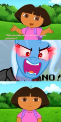 Size: 634x1257 | Tagged: safe, artist:mega-poneo, edit, edited screencap, screencap, trixie, human, pony, unicorn, g4, magic duel, alicorn amulet, angry, backpack, backpack (dora the explorer), caption, dora márquez, dora the explorer, female, glowing eyes, glowing eyes meme, mare, meme, spoilers for another series, text
