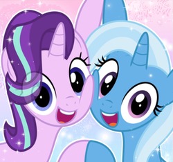 Size: 1280x1196 | Tagged: source needed, useless source url, safe, artist:66.media, starlight glimmer, trixie, pony, unicorn, g4, road to friendship, best friends, cheek to cheek, cute, diatrixes, duo, eye clipping through hair, female, glimmerbetes, looking at you, mare, open mouth, smiling, sparkles, squishy cheeks