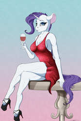 Size: 2000x3000 | Tagged: safe, artist:skitsroom, rarity, anthro, unguligrade anthro, g4, alcohol, anatomically incorrect, backless, big ears, breasts, clothes, dress, ear fluff, female, glass, gradient background, high heels, high res, incorrect leg anatomy, leg fluff, looking at you, mare, shoes, sitting, solo, wine, wine glass