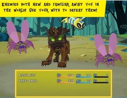 Size: 544x419 | Tagged: safe, artist:bulldozerman185, bee, insect, timber wolf, 2d, fight, forest, game, game screencap, glowing eyes, health bars, maradice isle, mlp game, mlp:fim videogame, mp bar, pony game, rpg, rpg maker, sp bar, tree, video game