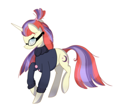 Size: 1280x1129 | Tagged: safe, artist:lattefox3, moondancer, pony, unicorn, g4, clothes, female, glasses, looking at you, mare, raised hoof, simple background, solo, sweater, transparent background