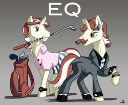 Size: 2425x2000 | Tagged: safe, artist:docwario, flam, flim, pony, g4, clothes, facial hair, flim flam brothers, golf club, high res, moustache, mouth hold, watch