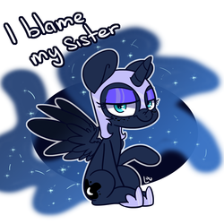 Size: 1500x1500 | Tagged: source needed, safe, artist:lou, nightmare moon, alicorn, pony, g4, blame my sister, constellation freckles, cute, female, filly, freckles, makeup, nightmare woon