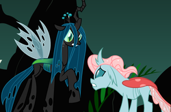 Size: 2224x1460 | Tagged: safe, artist:roseloverofpastels, ocellus, queen chrysalis, changedling, changeling, g4, alternate universe, angry, female, implied sandbar, male, mother and child, mother and daughter, older, ship:ocelbar, shipping, straight