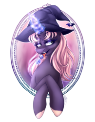 Size: 1543x1975 | Tagged: safe, artist:ggchristian, oc, oc only, oc:clementine, pony, unicorn, bust, candy, female, food, hat, lollipop, magic, mare, portrait, solo, witch hat