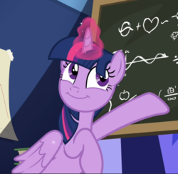 Size: 865x844 | Tagged: safe, screencap, twilight sparkle, alicorn, pony, g4, the hooffields and mccolts, chalkboard, cropped, cute, excited, faic, female, glowing horn, horn, mare, pointing, smiling, solo, twiabetes, twilight sparkle (alicorn)