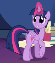Size: 816x934 | Tagged: safe, screencap, twilight sparkle, alicorn, pony, g4, the hooffields and mccolts, book, cropped, cute, cutie mark, excited, female, folded wings, glowing horn, horn, magic, mare, raised hoof, smiling, solo, twiabetes, twilight sparkle (alicorn), underhoof, wings