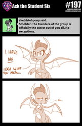 Size: 800x1232 | Tagged: safe, artist:sintakhra, smolder, dragon, tumblr:studentsix, g4, baka, blatant lies, cute, female, madorable, pouting, smoldere, solo, spread wings, tsundere, wings