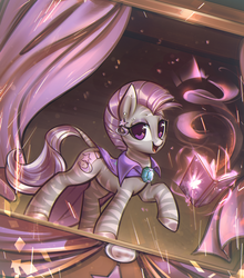 Size: 2992x3402 | Tagged: safe, artist:mirroredsea, oc, oc only, oc:limelight charm, pony, zebra, book, cutie mark, female, high res, levitation, looking at you, magic, mare, open mouth, raised leg, solo, stage, telekinesis, zebra oc