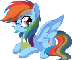 Size: 7055x5903 | Tagged: safe, artist:aureai-sketches, artist:cyanlightning, rainbow dash, pegasus, pony, g4, .svg available, :p, absurd resolution, adorkable, book, cute, dashabetes, dork, ear fluff, egghead, egghead dash, female, glasses, mare, meganekko, nerd, prone, silly, simple background, sitting, smiling, solo, spread wings, tongue out, transparent background, vector, wings