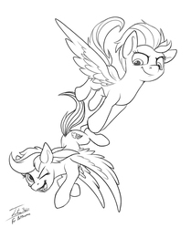 Size: 2450x2934 | Tagged: safe, artist:tsitra360, lightning dust, rainbow dash, pegasus, pony, g4, black and white, commission, female, flying, friendship, grayscale, high res, lineart, mare, monochrome, one eye closed, signature, simple background, sketch, white background, wink
