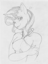Size: 1174x1555 | Tagged: safe, artist:longinius, sunset shimmer, unicorn, anthro, g4, :p, adorasexy, blushing, breasts, busty sunset shimmer, cute, female, heart, lidded eyes, looking at you, mare, mlem, sexy, shimmerbetes, silly, solo, tongue out, traditional art