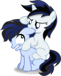 Size: 1024x1289 | Tagged: safe, artist:vector-brony, oc, oc only, oc:baccarat, oc:bouillotte, earth pony, pony, unicorn, fallout equestria, fallout equestria: project horizons, biting, blank flank, colt, duo, ear bite, fanfic art, female, filly, foal, male, offspring, parent:oc:blackjack, parent:oc:p-21, parents:oc x oc, simple background, transparent background