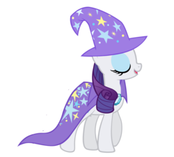 Size: 1600x1440 | Tagged: safe, artist:rarity6195, rarity, pony, unicorn, g4, accessory theft, cape, clothes, eyes closed, female, hat, mare, simple background, smiling, solo, transparent background, trixie's cape, trixie's hat, vector