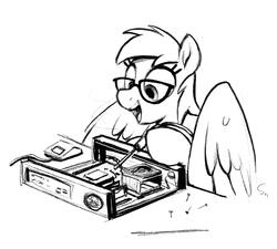 Size: 2327x2090 | Tagged: safe, artist:selenophile, oc, oc only, oc:cloud cuddler, pegasus, pony, 386dx, computer, computer mouse, female, glasses, high res, mare, pegasus oc, screwdriver, sketch, solo