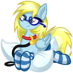 Size: 1740x1753 | Tagged: safe, artist:x-blackpearl-x, oc, oc only, oc:cloud cuddler, pegasus, pony, clothes, collar, female, glasses, leash, name tag, pegasus oc, pet play, pillow, simple background, socks, solo, striped socks, transparent background
