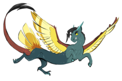 Size: 849x559 | Tagged: safe, artist:vindhov, oc, oc only, draconequus, colored sclera, commission, crack ship offspring, draconequus oc, interspecies offspring, offspring, parent:discord, parent:lightning dust, simple background, solo, spread wings, tail feathers, transparent background, wings, yellow eyes