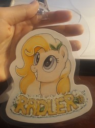 Size: 768x1032 | Tagged: safe, artist:thebowtieone, oc, oc only, oc:radler, pony, badge, solo, traditional art
