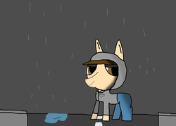 Size: 2100x1500 | Tagged: safe, artist:undeadponysoldier, oc, oc only, oc:nick, pony, clothes, hoodie, puddle, rain, road, sidewalk, solo