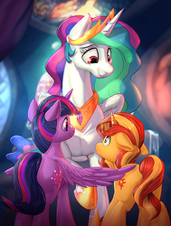 Size: 750x990 | Tagged: safe, artist:lumineko, artist:php188, artist:vest, princess celestia, sunset shimmer, twilight sparkle, alicorn, pony, unicorn, comic:worship the sun 2, equestria girls, equestria girls specials, g4, my little pony equestria girls: better together, my little pony equestria girls: forgotten friendship, butt, canterlot, crown, ears back, female, forgiveness, guilty, hoof shoes, jewelry, looking at each other, mare, momlestia fuel, peytral, plot, raised hoof, regalia, reunion, scared, scene interpretation, smiling, spread wings, the prodigal sunset, trio, twilight sparkle (alicorn), wings