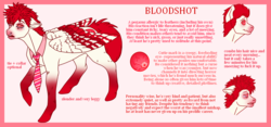 Size: 1220x570 | Tagged: safe, artist:guidomista, oc, oc only, oc:bloodshot, pegasus, pony, accessory, albino, allergic, allergies, backstory, bio, bloodshot eyes, coat markings, collar, creepy, crying, design, folded wings, illness, long legs, looking up, male, markings, necktie, nervous, one leg raised, open mouth, personality, raised hoof, realistic wings, red, red eyes, red nosed, reddened eyes, reference sheet, shirtless shirt collar, short hair, short mane, sick, skinny, slender, sneezing, socks (coat markings), solo, spiky hair, spiky mane, stallion, standing, teary eyes, thin, two toned wings, white, wings