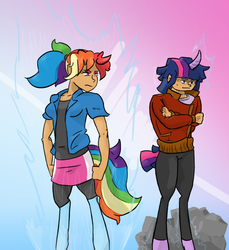 Size: 871x949 | Tagged: safe, artist:vinny, oc, oc only, oc:orion, oc:prism, satyr, aura, battle stance, duo, gradient background, pony parent:rainbow dash, pony parent:twilight sparkle, rock