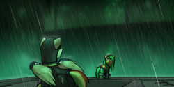 Size: 1280x640 | Tagged: safe, artist:captainhoers, oc, oc only, oc:atom smasher, oc:rainbow code, cyborg, pegasus, pony, the sunjackers, brother and sister, canterlot, cyberpunk, female, looking at each other, looking back, male, mare, new canterlot, rain, skyguard, stallion