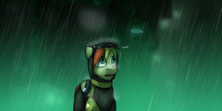 Size: 1280x640 | Tagged: safe, artist:captainhoers, oc, oc only, oc:rainbow code, pegasus, pony, the sunjackers, canterlot, cyberpunk, dialogue, male, new canterlot, police, rain, skyguard, solo, stallion